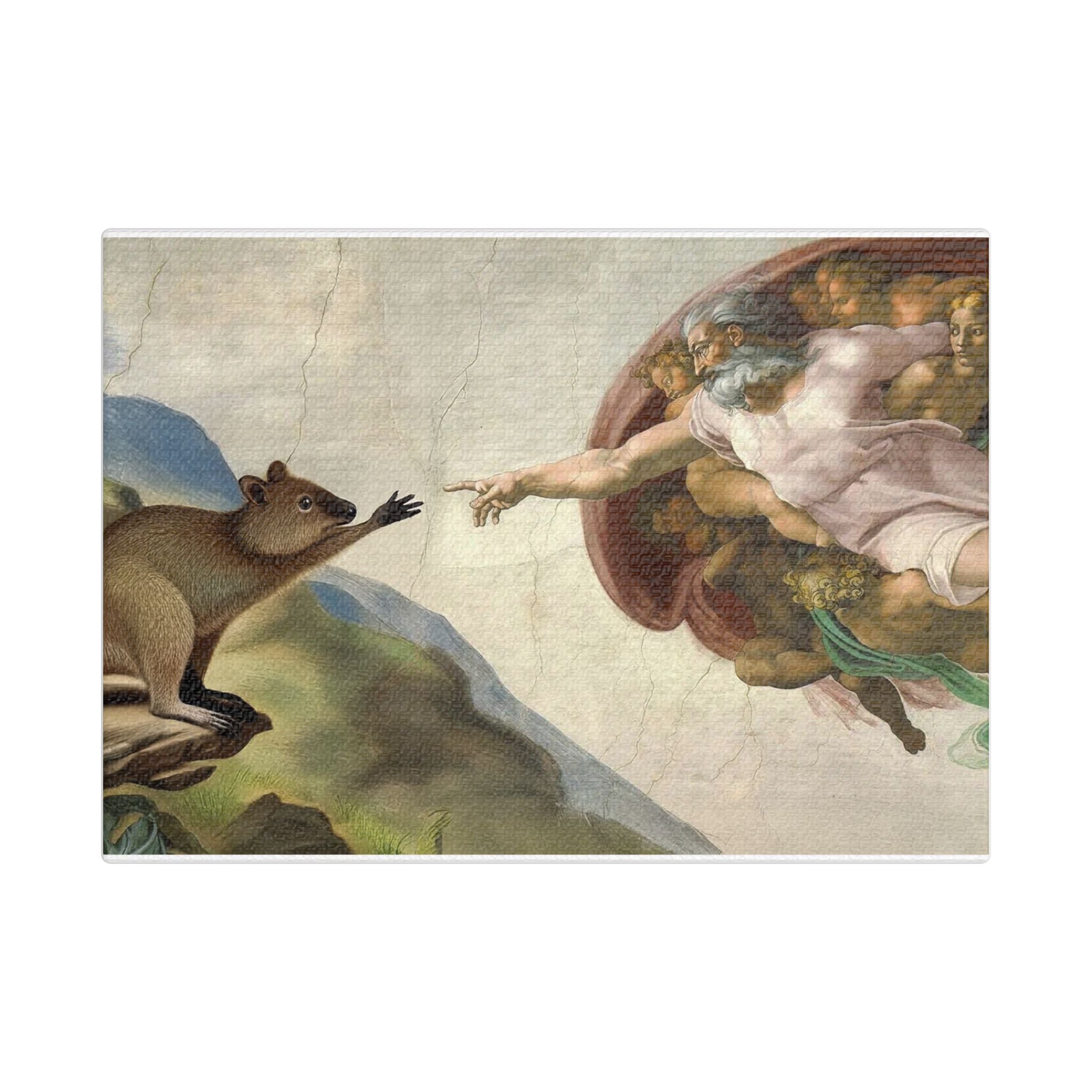 Playful canvas art inspired by Michelangelo's The Creation of Adam, featuring a delightful quokka in place of Adam. A perfect blend of classical art and humor to brighten up any room.