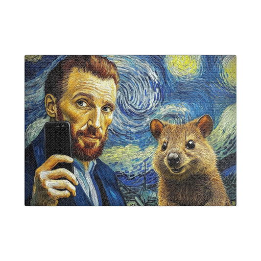 Creative canvas art featuring Van Gogh and a quokka in a whimsical selfie scene, set against the iconic Starry Night backdrop. A perfect blend of humor and classical art for unique wall decor.