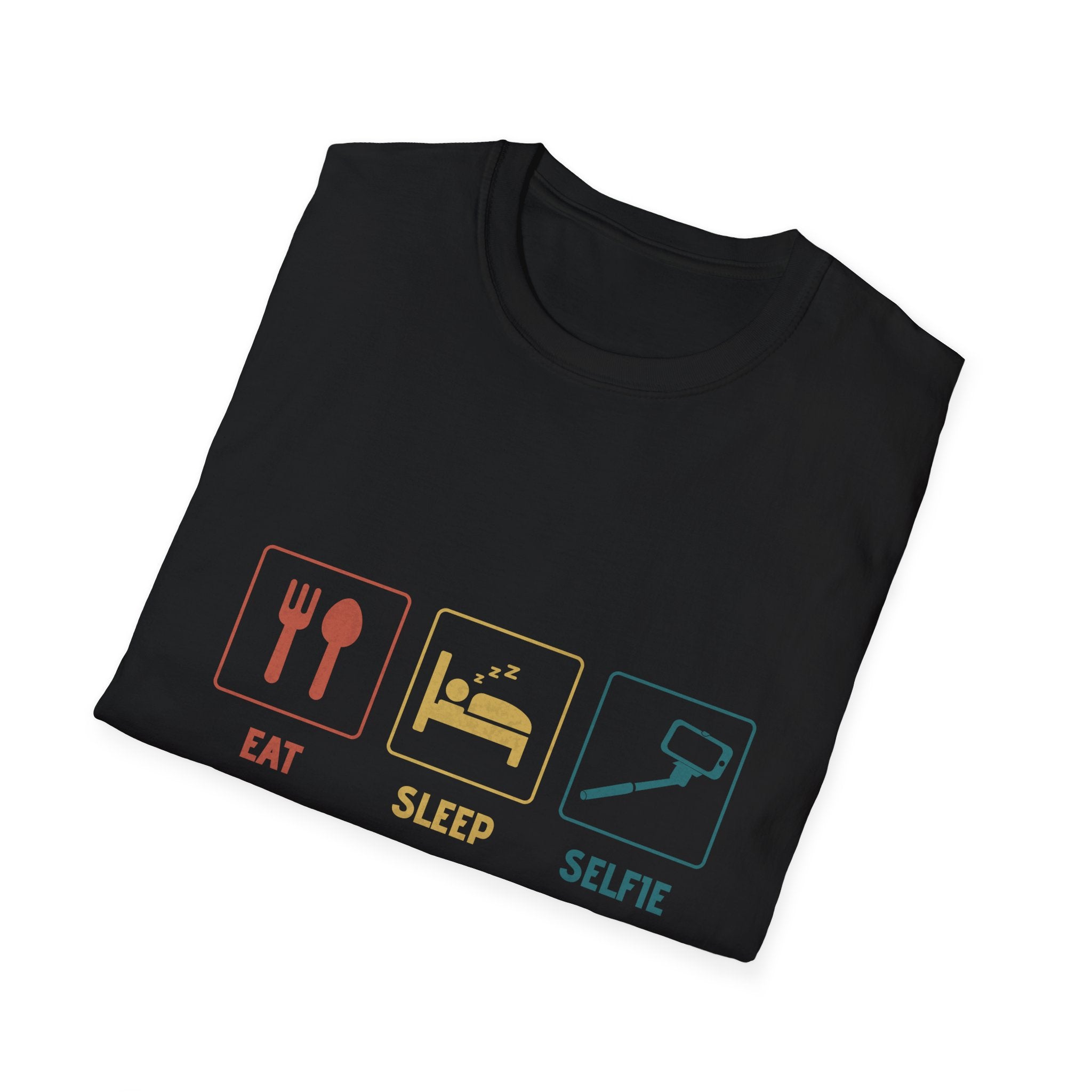 Folded view of Eat-Sleep-Selfie-Repeat unisex T-shirt in black, highlighting the colorful design and soft cotton material.