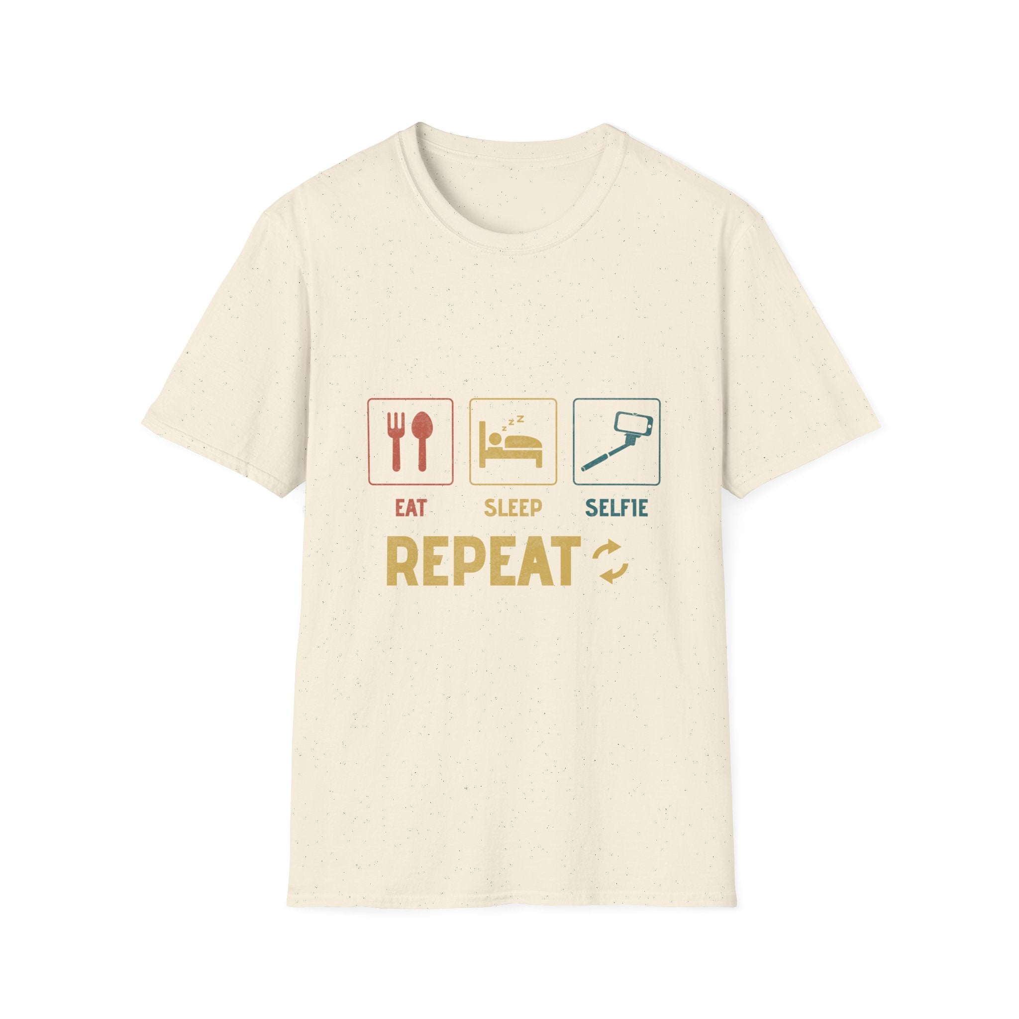 Natural cream unisex T-shirt featuring the Eat-Sleep-Selfie-Repeat design with colorful icons, displayed on a plain white background. Ideal for casual and eco-friendly fashion.