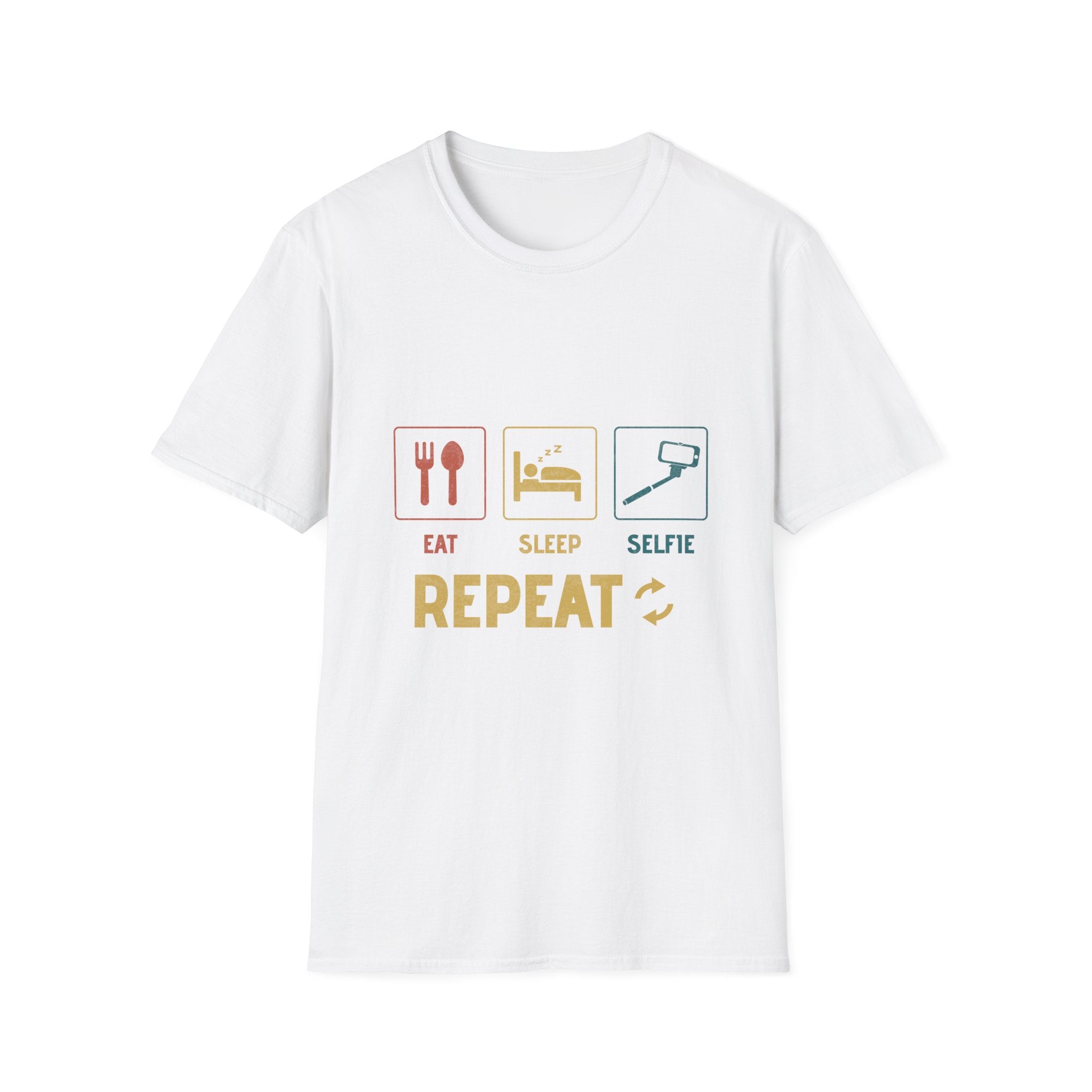 White unisex T-shirt featuring the Eat-Sleep-Selfie-Repeat design with colorful icons, displayed on a plain white background. Perfect for casual wear and everyday use.