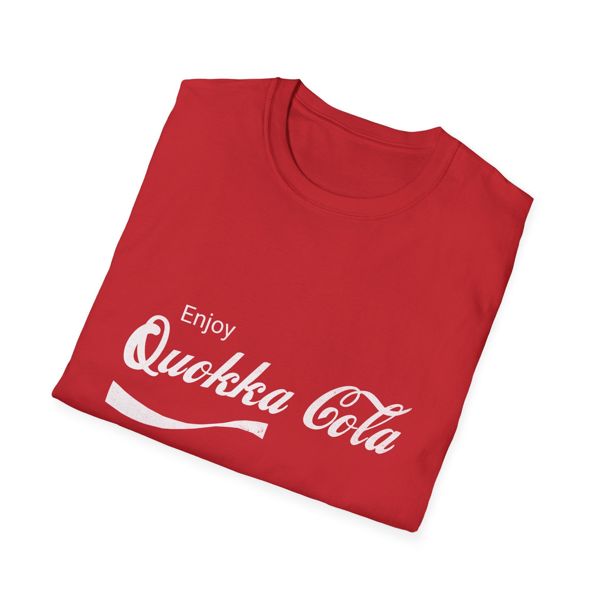 Folded red unisex T-shirt showcasing the 'Enjoy Quokka Cola' parody design. A bold and fun option for casual wear.