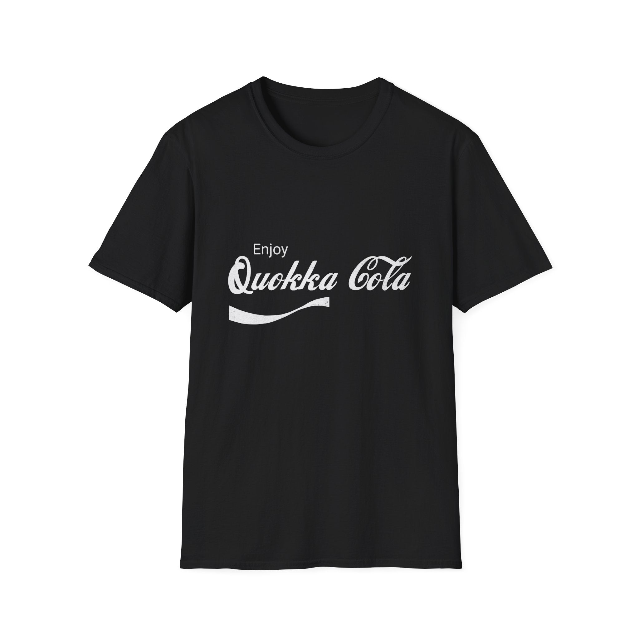 Black unisex T-shirt with the witty 'Enjoy Quokka Cola' parody design, inspired by the iconic Coca-Cola logo. Ideal for everyday style.