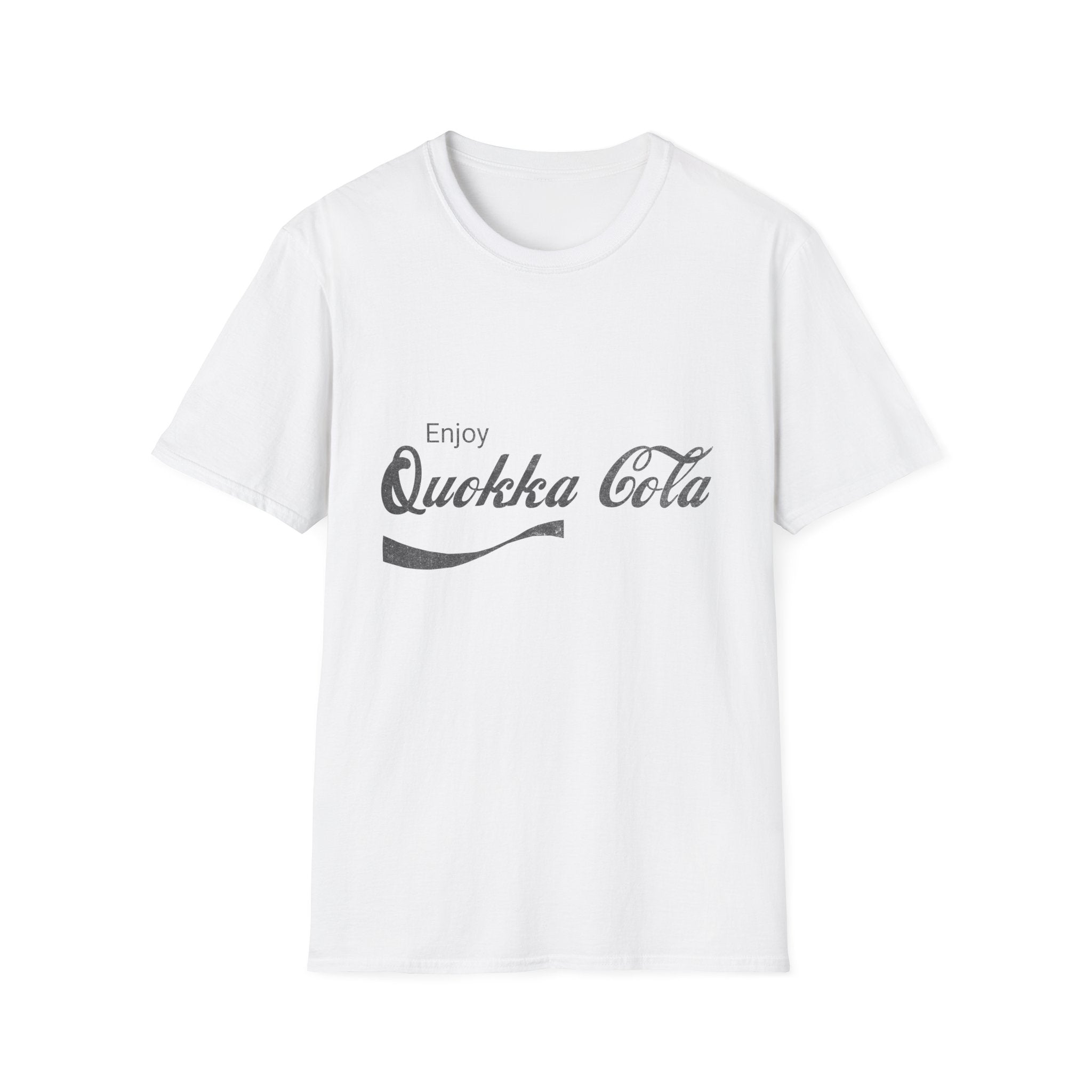 White unisex T-shirt featuring the playful 'Enjoy Quokka Cola' parody design, inspired by the iconic Coca-Cola logo. Perfect for casual wear.