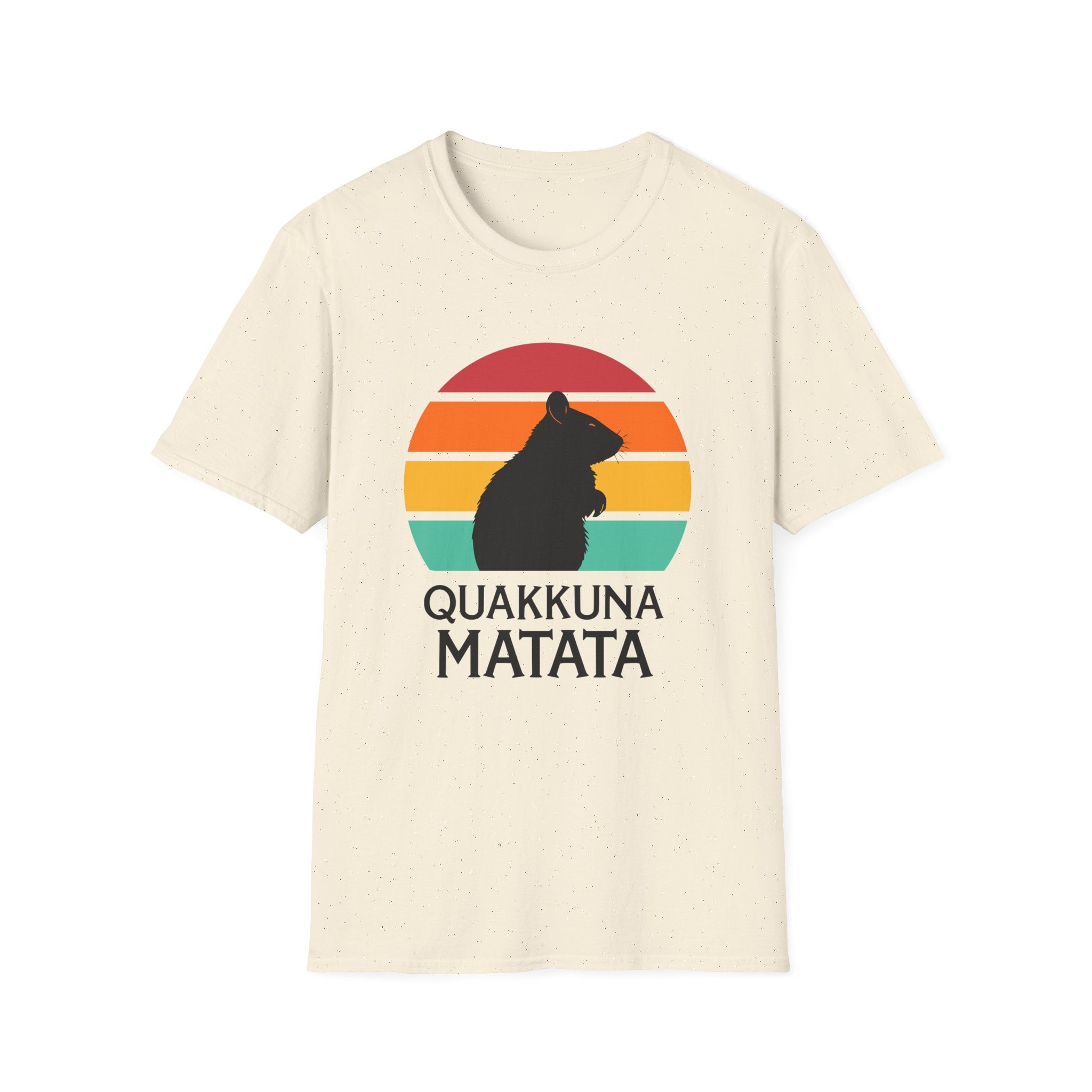 Unisex beige T-shirt with the Quakkuna Matata design, inspired by Disney's Hakuna Matata from The Lion King, showcasing a retro sunset and a quokka silhouette on soft cotton fabric.