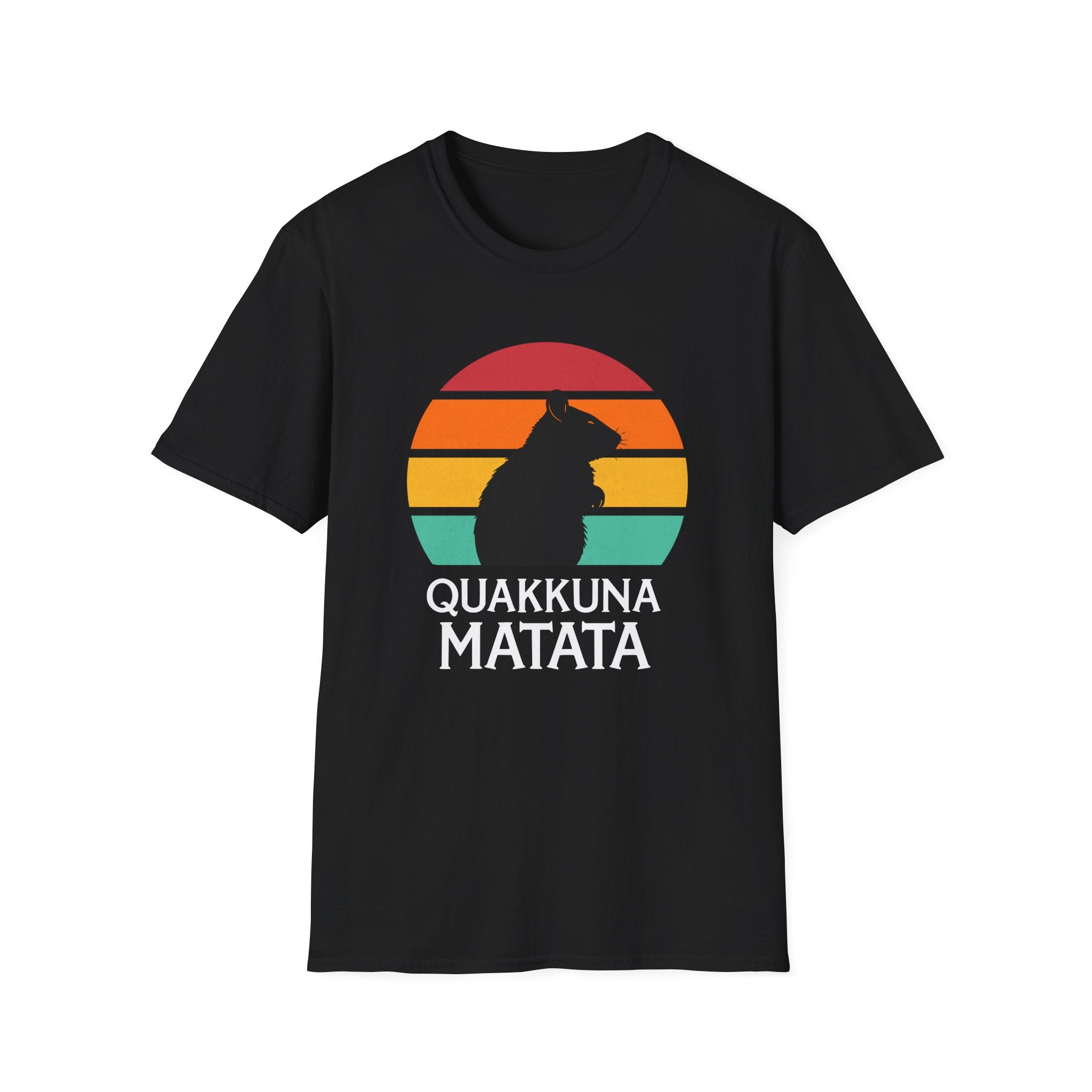 Unisex black T-shirt featuring the Quakkuna Matata design, inspired by Disney's Hakuna Matata from The Lion King, with a retro sunset and a quokka silhouette on high-quality cotton.