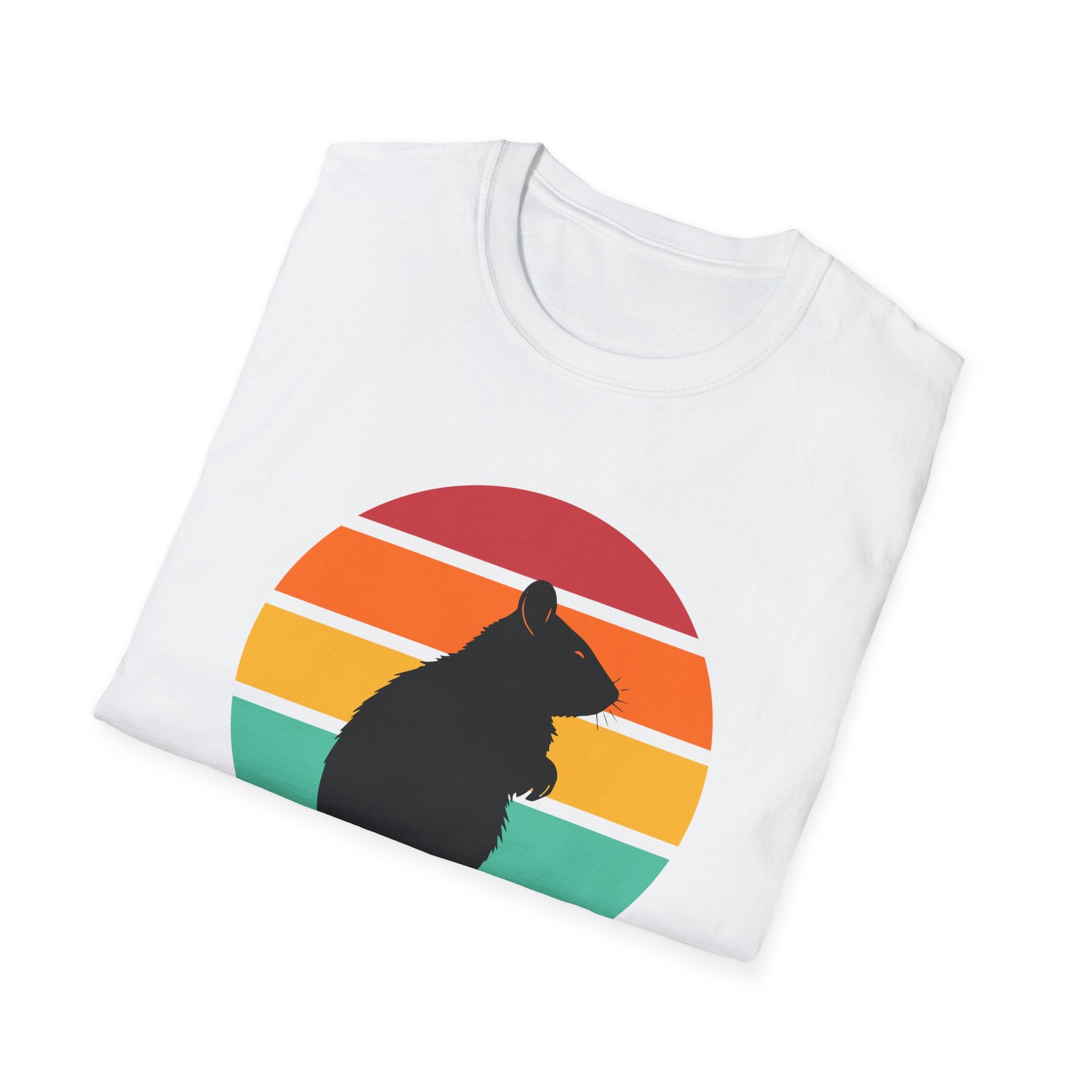 Folded white T-shirt with the Quakkuna Matata design, inspired by Disney's Hakuna Matata from The Lion King, featuring a retro sunset and a quokka silhouette.