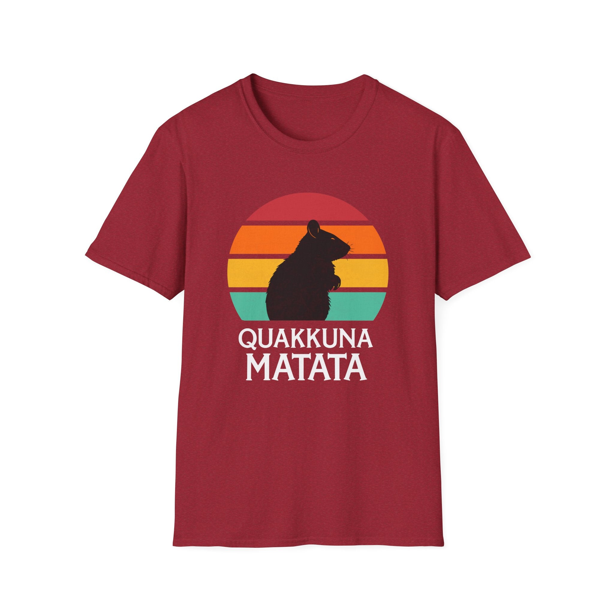 Unisex red T-shirt with the Quakkuna Matata design, inspired by Disney's Hakuna Matata from The Lion King, showcasing a retro sunset and a quokka silhouette on premium cotton fabric.