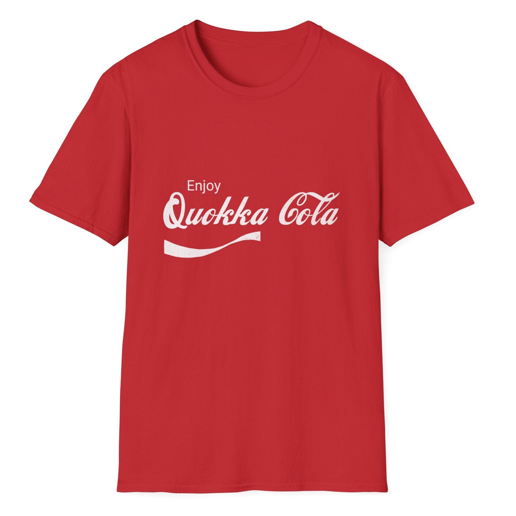 QuokkaPlanet's red unisex T-shirt featuring the playful 'Enjoy Quokka Cola' parody design, inspired by the iconic Coca-Cola logo. A bold and vibrant choice for casual wear.