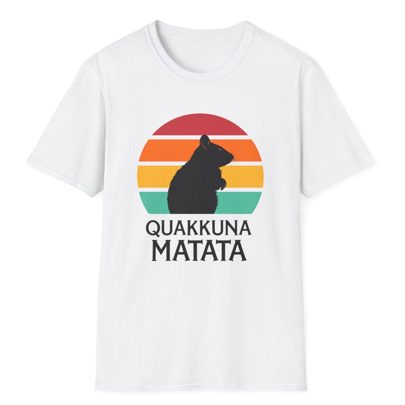 QuokkaPlanet's white unisex T-shirt featuring the Quakkuna Matata design inspired by Disney's Hakuna Matata from The Lion King, with a retro sunset and quokka silhouette, perfect for casual wear.