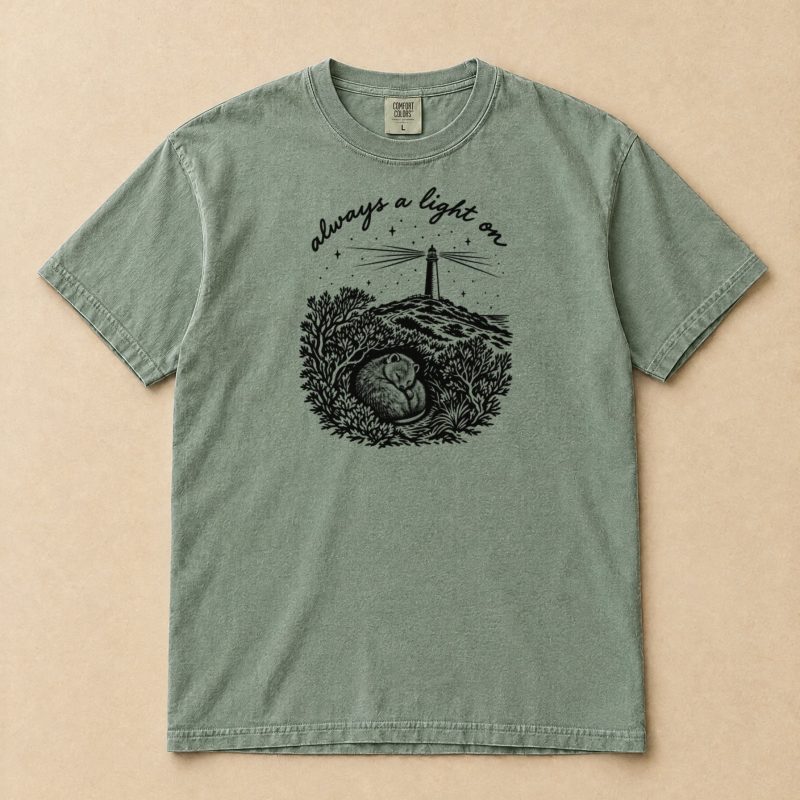 Always a Light On Quokka T-Shirt – Handwritten Lighthouse Night Tee