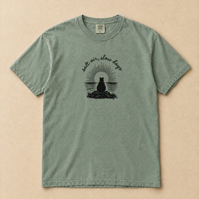 Salt Air, Slow Days Quokka T-Shirt – Handwritten Sunset Silhouette Tee
