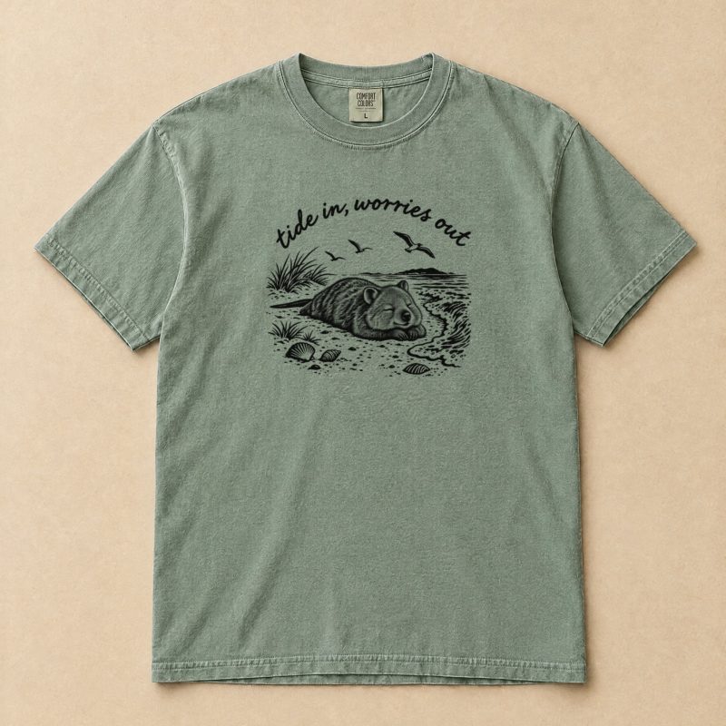 Tide In, Worries Out Quokka T-Shirt – Handwritten Beach Nap Tee