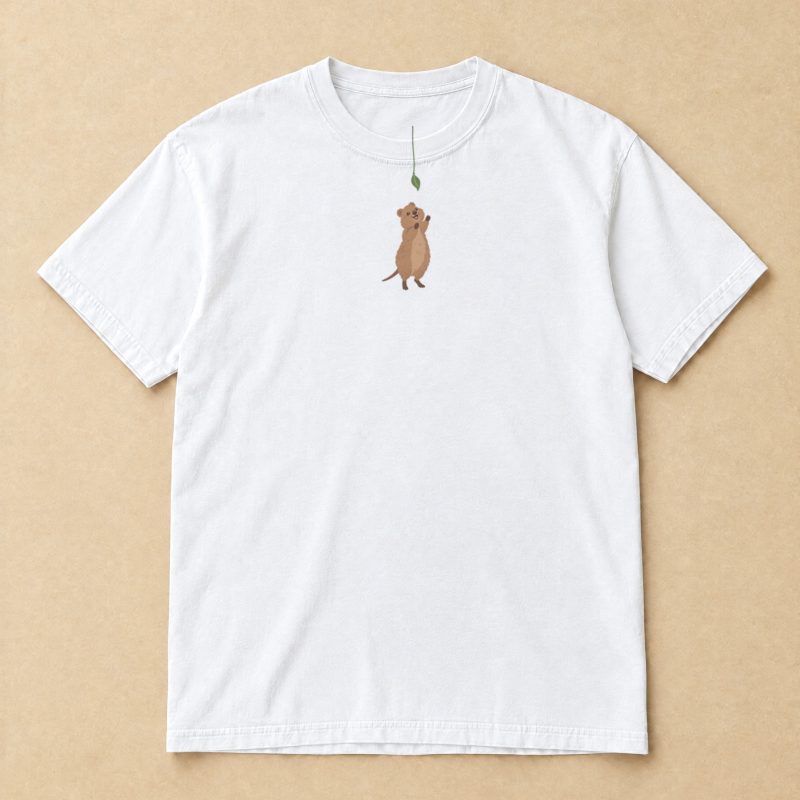 Hanging Around Quokka T-Shirt – Tiny Quokka on a Leaf Minimal Tee