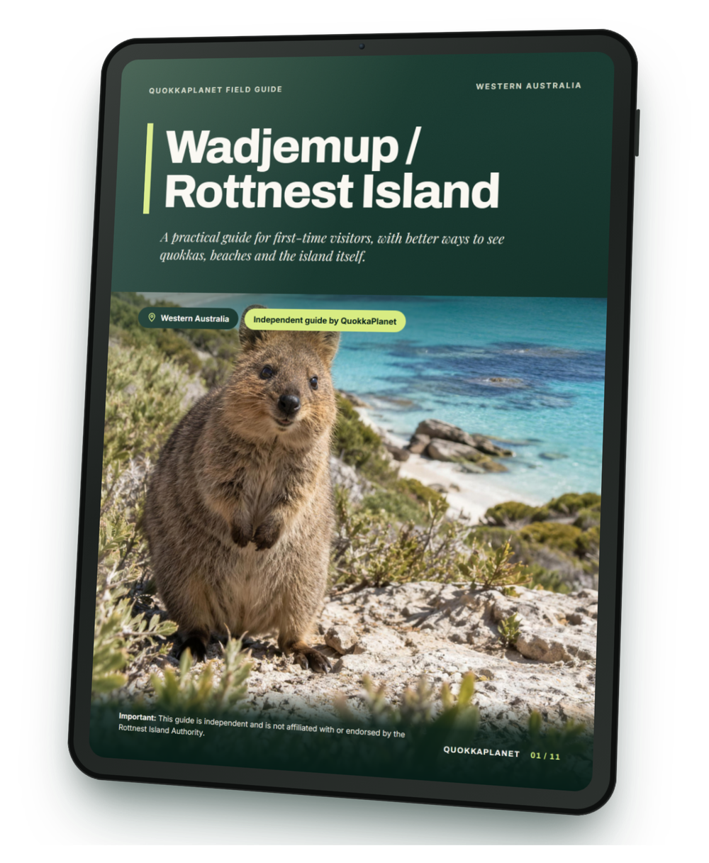 The free QuokkaPlanet Rottnest Island field guide shown on a tablet
