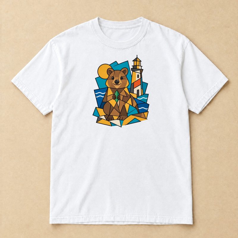 Cubist quokka and lighthouse print on a white t-shirt on a sand background