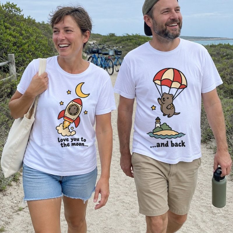 Couple walking on an island path wearing the Love You to the Moon and Back matching quokka t-shirts