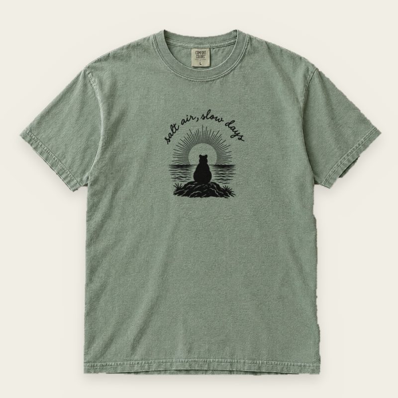 Salt Air, Slow Days Quokka T-Shirt – Handwritten Sunset Silhouette Tee