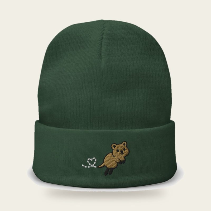 Hopping quokka embroidered beanie, dark green