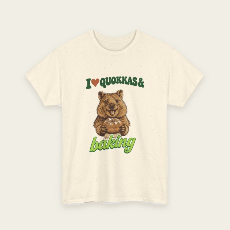 I Love Quokkas & Baking T-Shirt – brown quokka design on a Natural tee