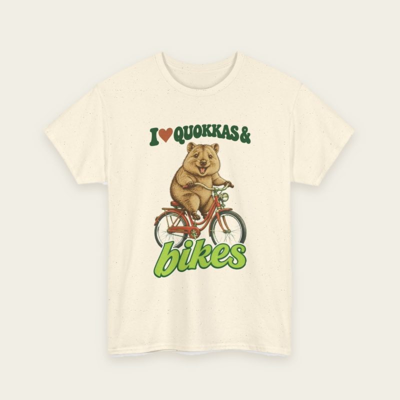 I Love Quokkas & Bikes T-Shirt – brown quokka design on a Natural tee