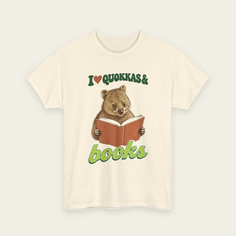 I Love Quokkas & Books T-Shirt – brown quokka design on a Natural tee
