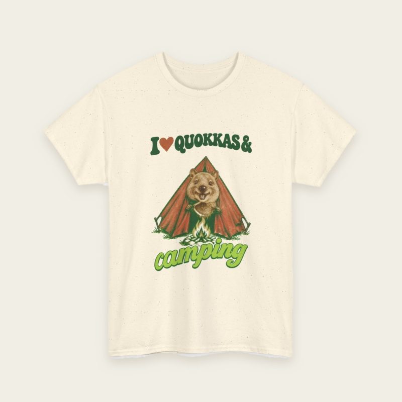 I Love Quokkas & Camping T-Shirt – brown quokka design on a Natural tee