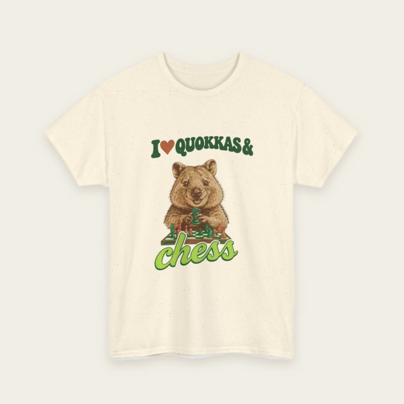 I Love Quokkas & Chess T-Shirt – brown quokka design on a Natural tee