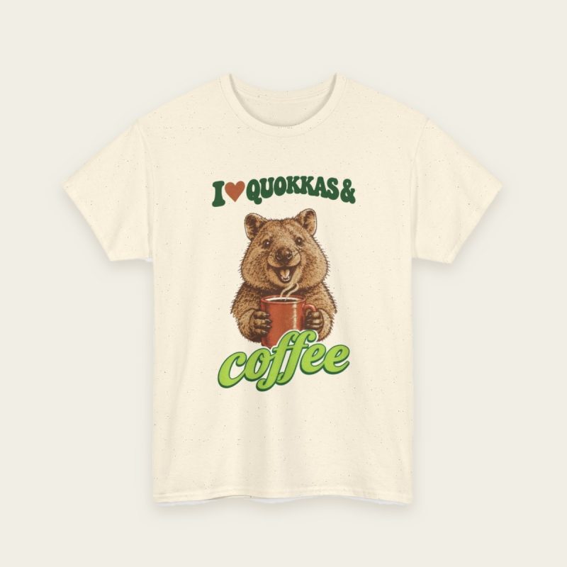I Love Quokkas & Coffee T-Shirt – brown quokka design on a Natural tee