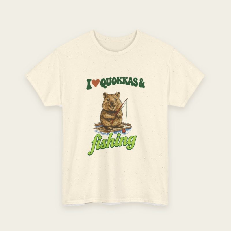 I Love Quokkas & Fishing T-Shirt – brown quokka design on a Natural tee