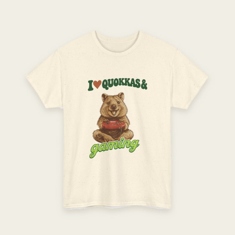 I Love Quokkas & Gaming T-Shirt – brown quokka design on a Natural tee