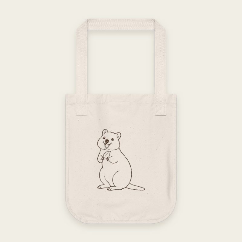Quokka with a Leaf Tote Bag – natural organic canvas, fine line quokka sketch