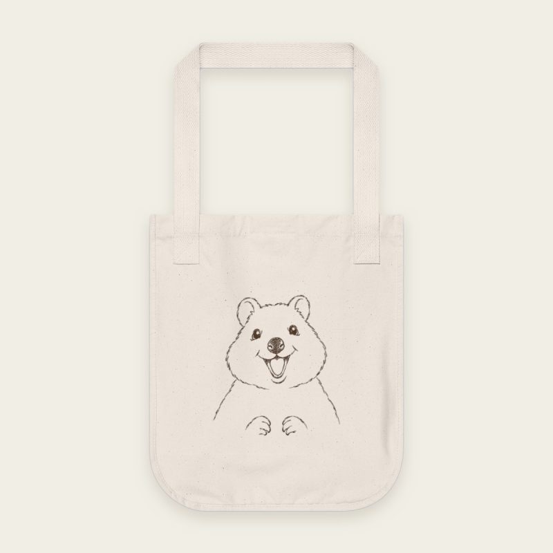 Happy Quokka Tote Bag – natural organic canvas, fine line quokka sketch