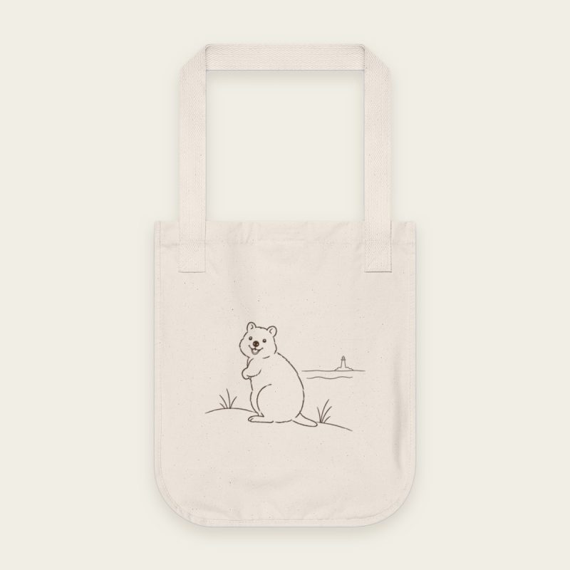 Quokka on the Dunes Tote Bag – natural organic canvas, fine line quokka sketch