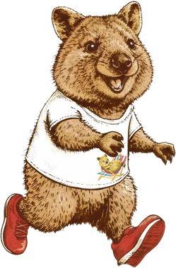 A quokka in a Quokka Planet tee running along the beach