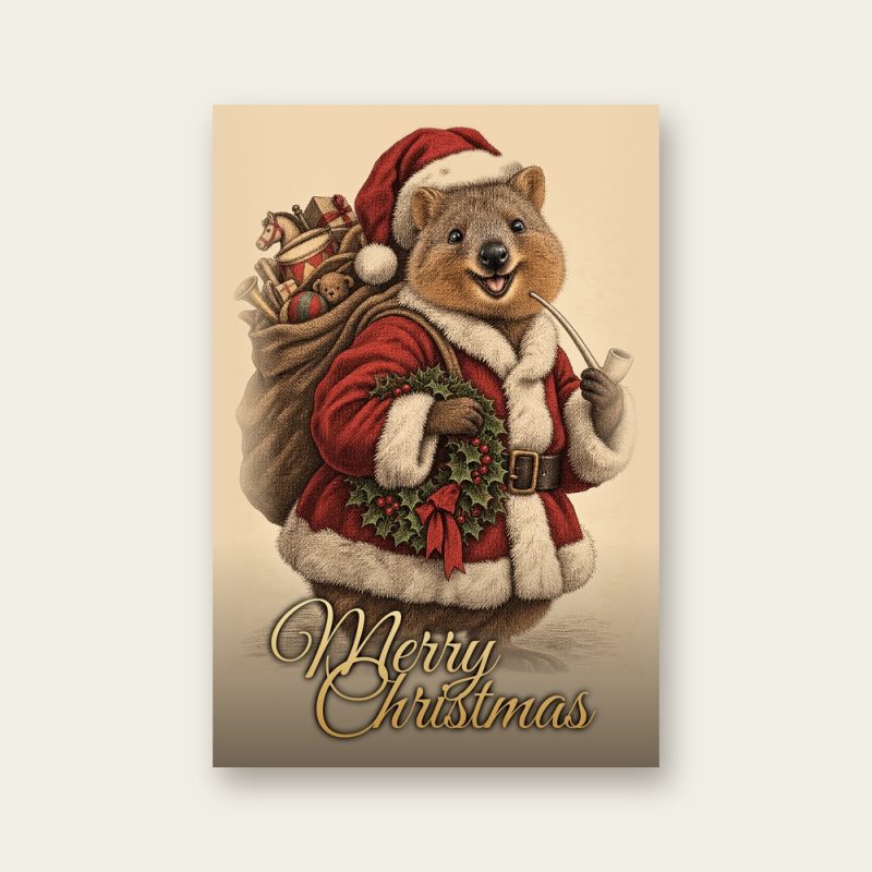 Santa Quokka quokka art parody Christmas card, front